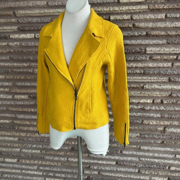 Tahari Wool Blend Boucle Moto Asymmetrical Side Zip Jacket Mustard Gold Size S - Picture 4 of 9